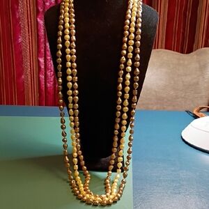 Vintage Three Strands Beads Gold Tone Clip Multi-Strand Necklace